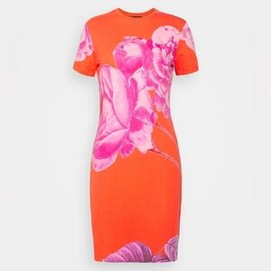 Desigual Orange Dress With Peony Flower Print Knee Length Short Sleeve